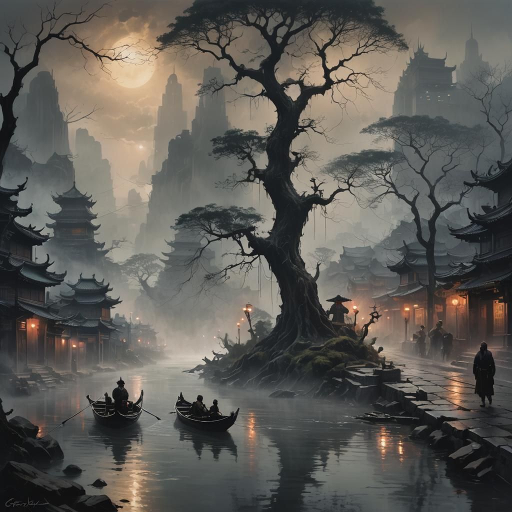 Dark Fantasy Cityscape in Mysterious Mist