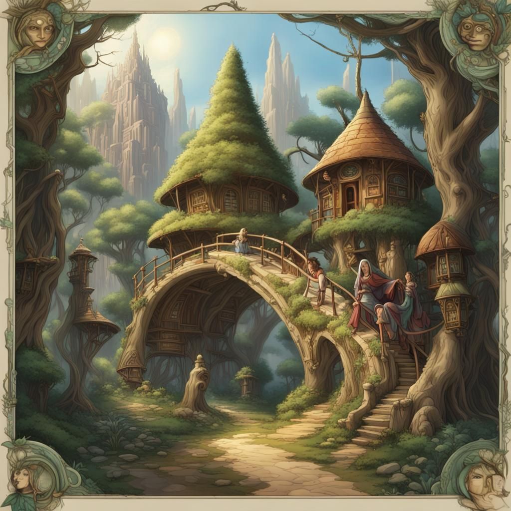 Harmonious Village of Humans and Mystical Creatures