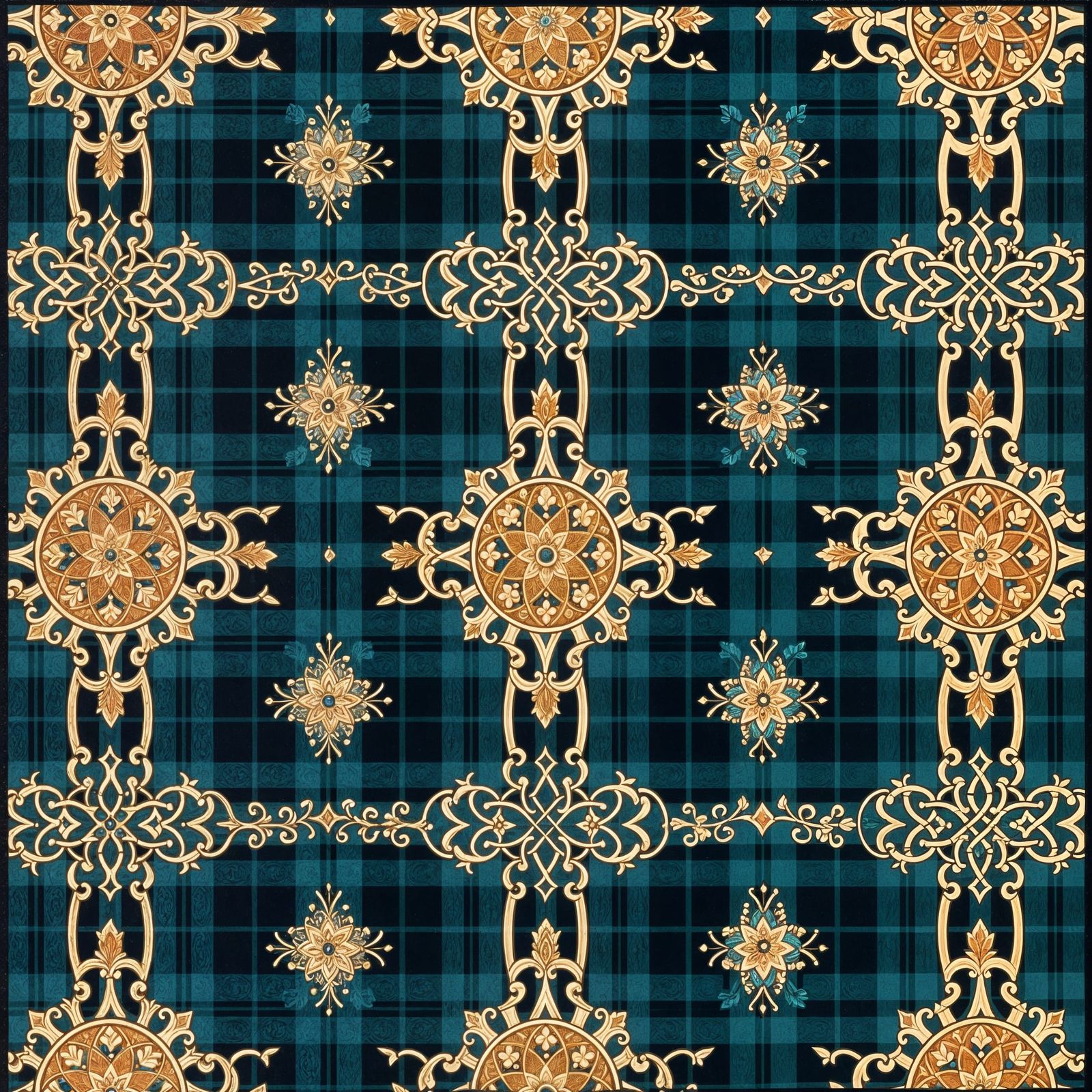 Elegant Celtic Tartan with Royal Jewel Tones and Floral Moti...