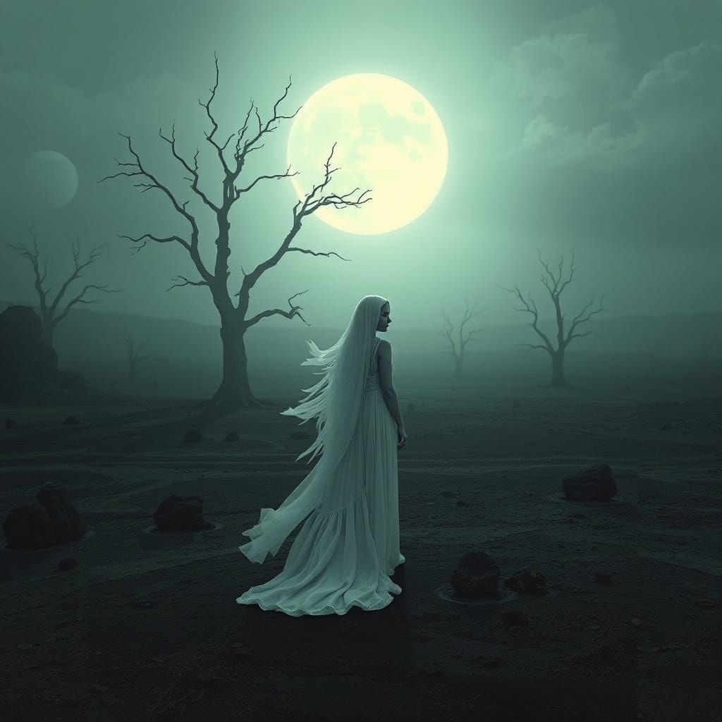 Ethereal Figure in Moonlit Desolation