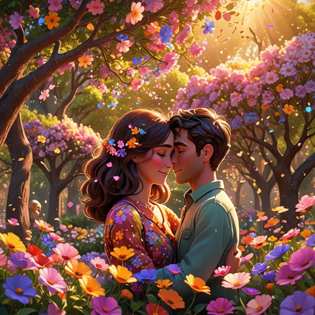 Romantic Garden Embrace in Pixar 3D Style