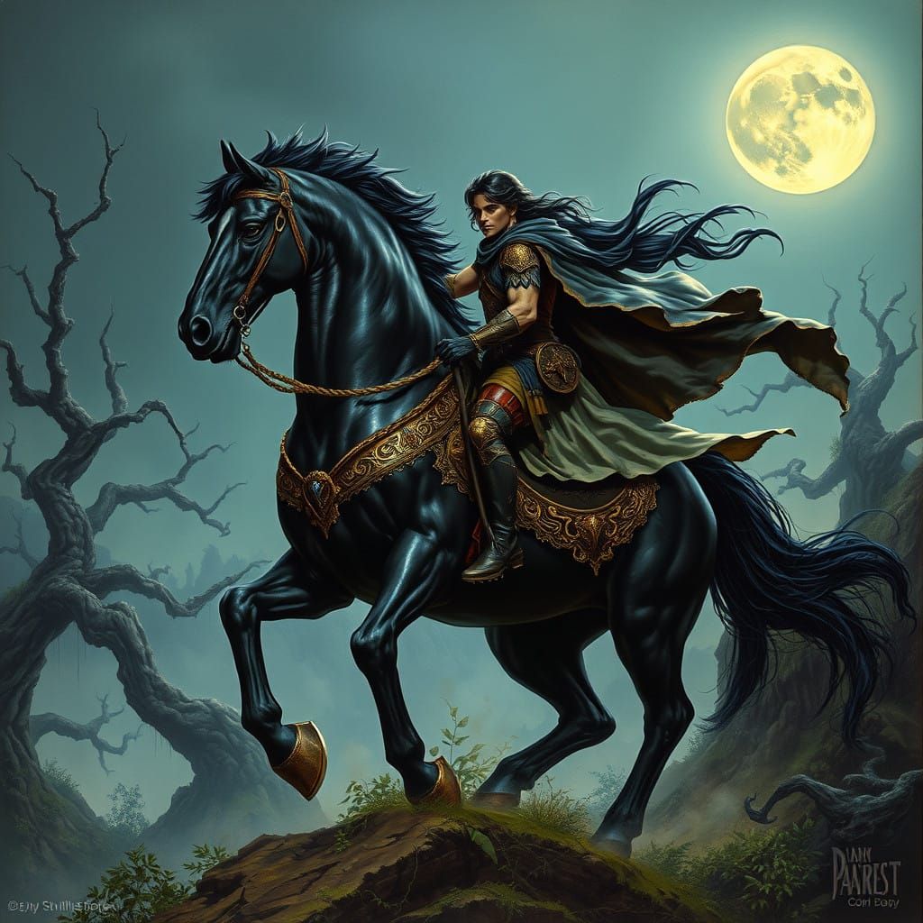 Majestic Black Horse in Fantastical Moonlit Landscape