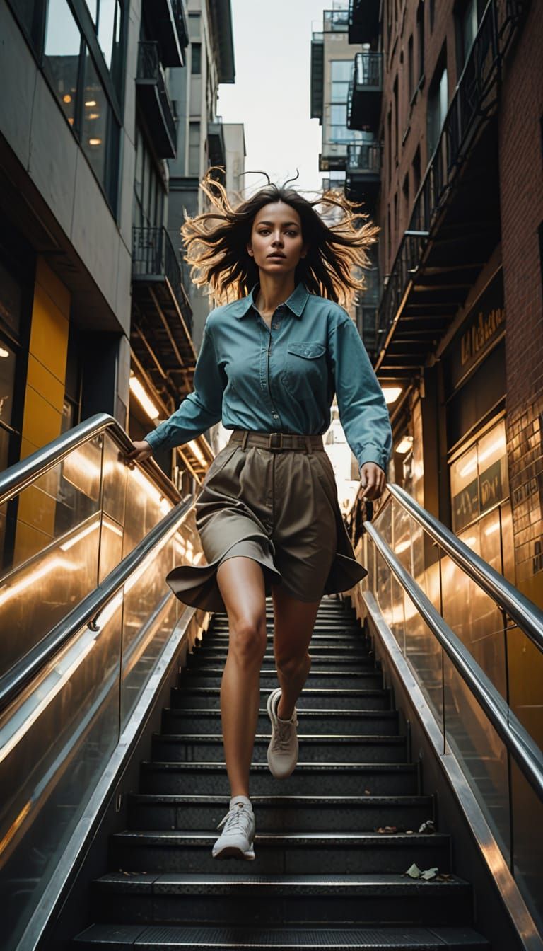 Dynamic Young Woman Rushes Down Subway Stairs in Vibrant Urb...