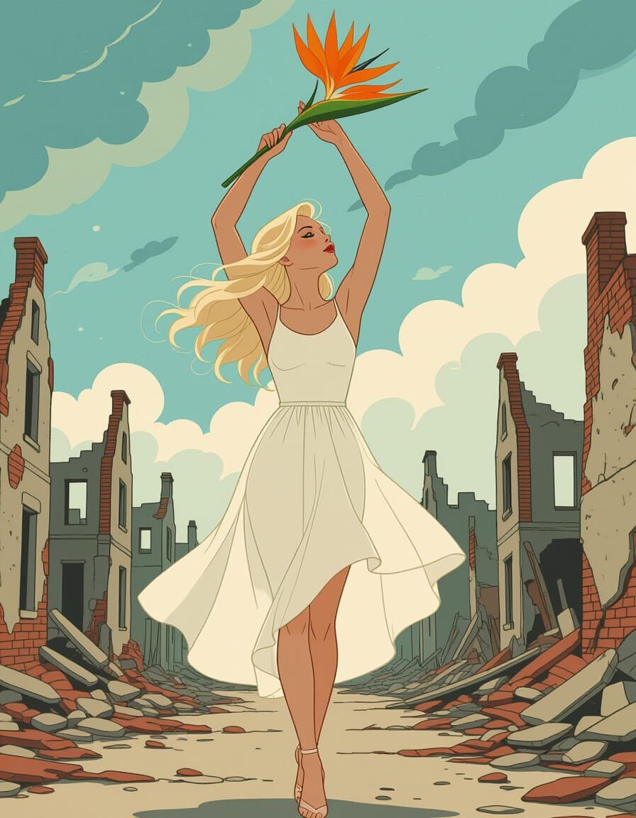 Dancer with Flower in War-Torn Cityscape