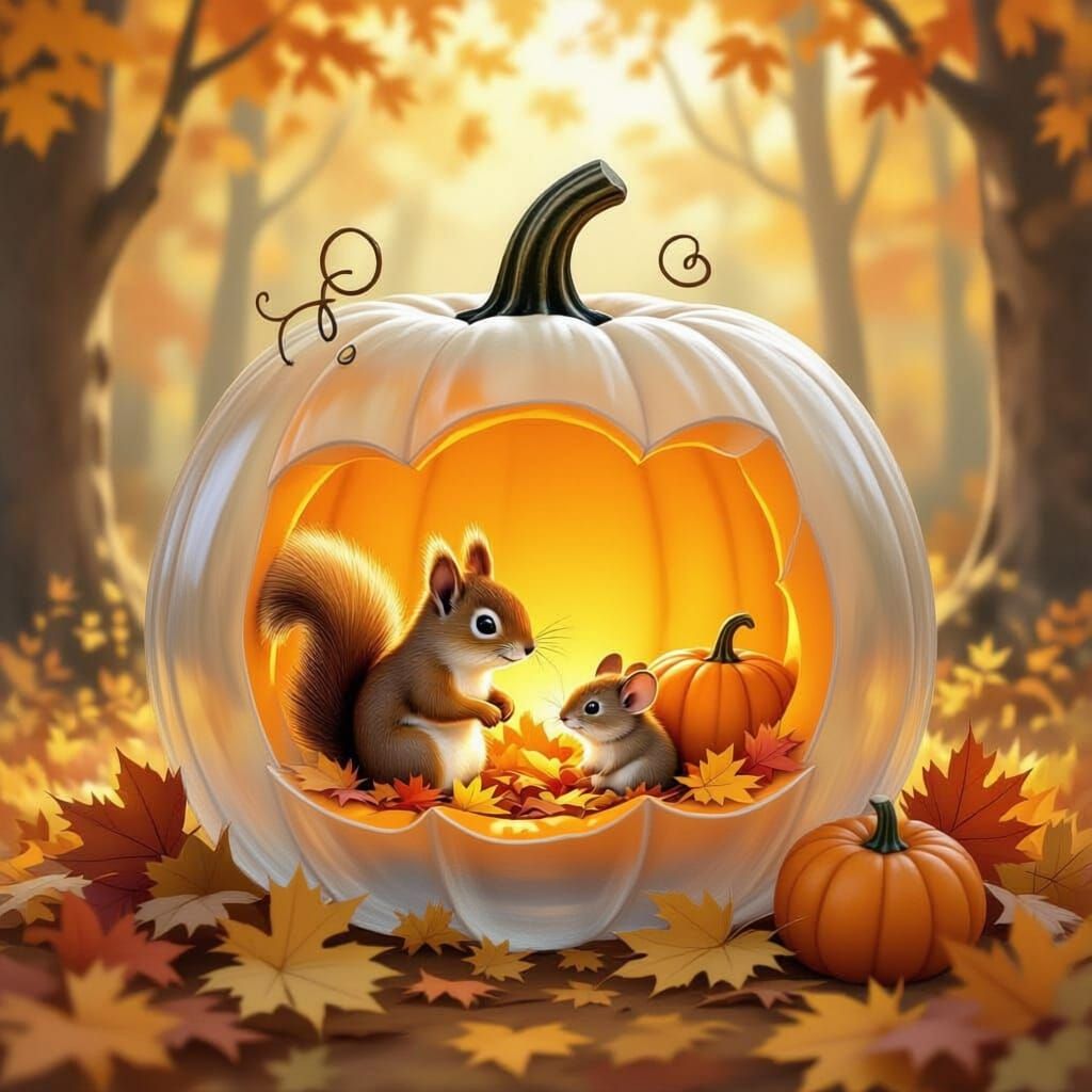 Cozy Autumn Forest with Squirrel in Translucent Pumpkin