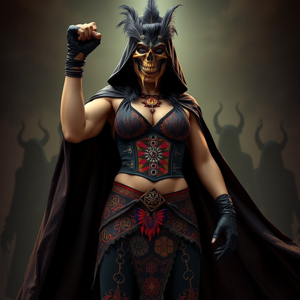 Victorious Voodoo Priestess-Wrestler in Mystical Setting