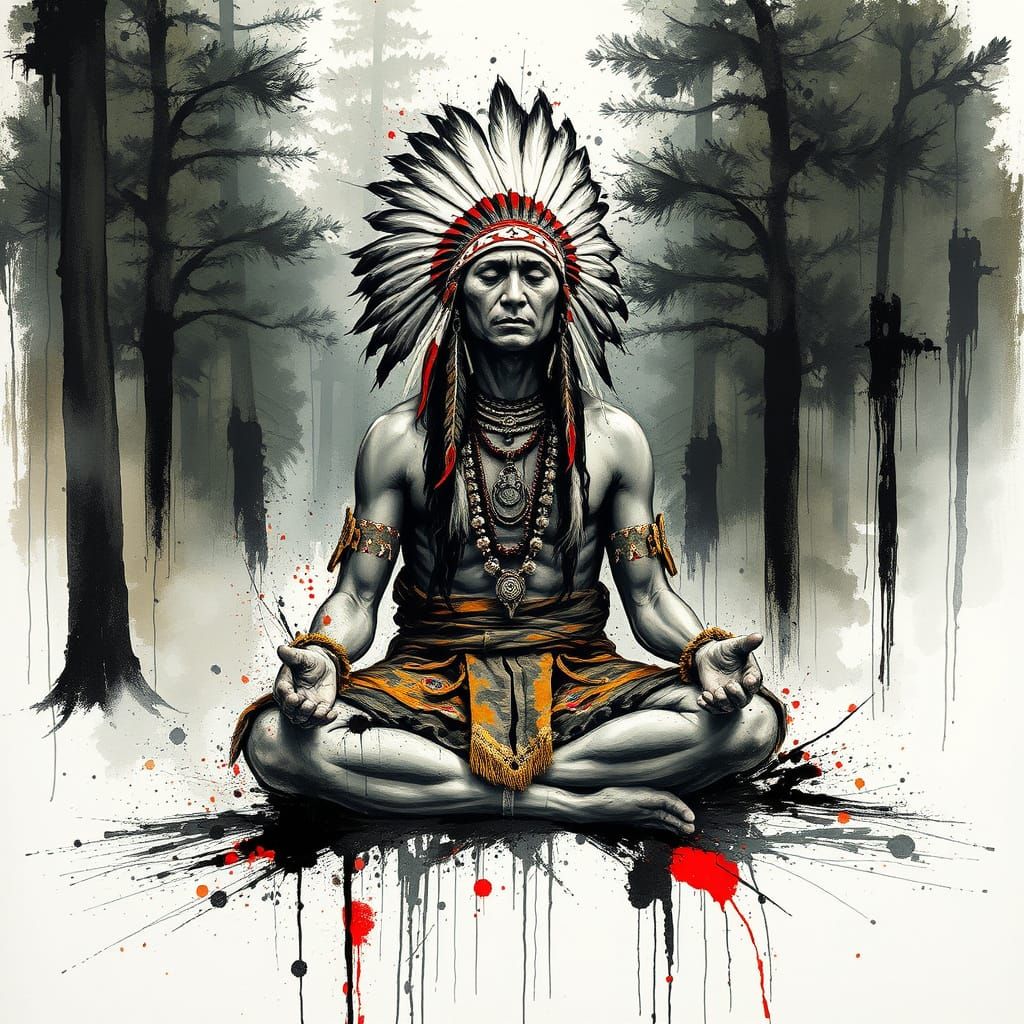 Meditative Native American Figure in Expressive Mixed Media
