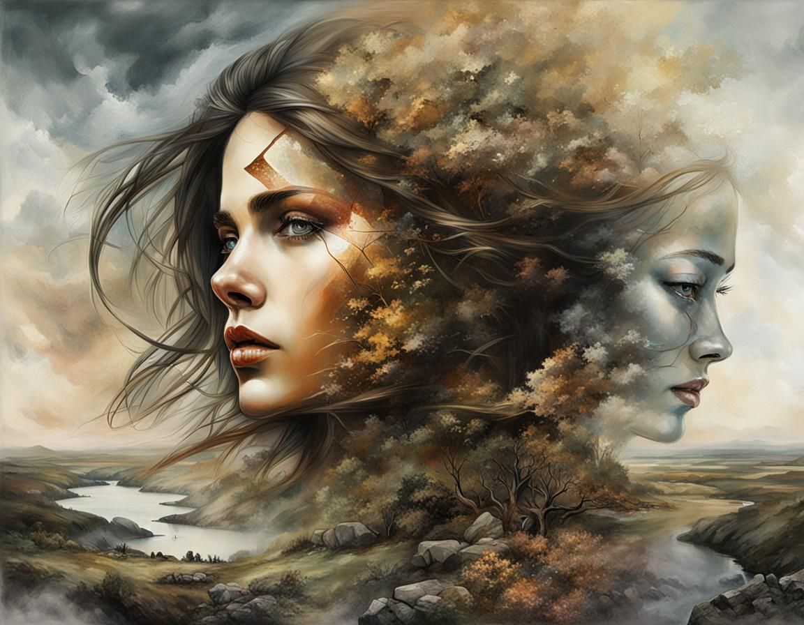 Surreal Double Exposure: Woman and Landscape in Digital Pain...