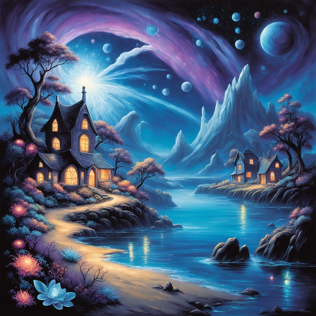 Ethereal Village by Bioluminescent Ocean, Dreamlike Fantasy ...