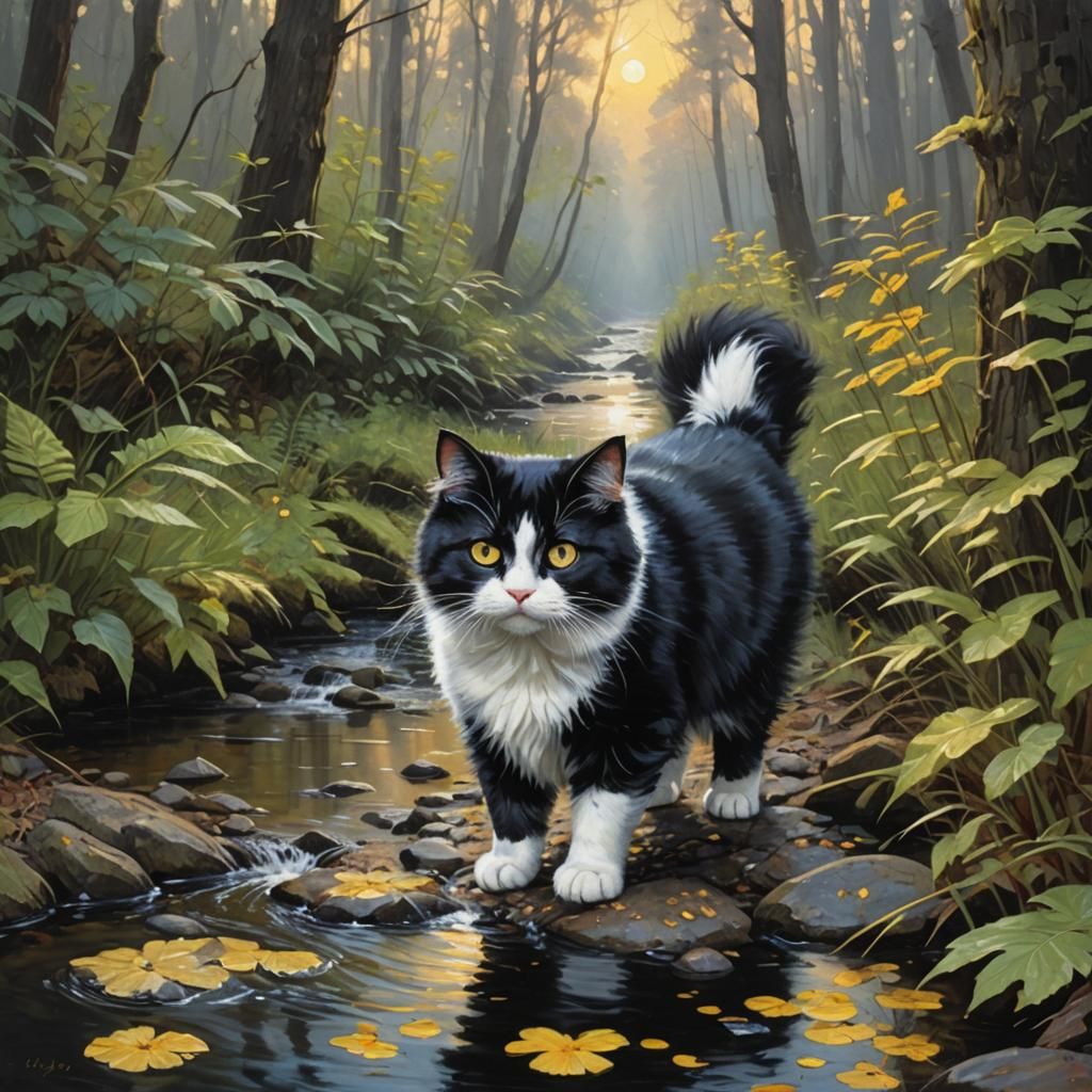 Tuxedo Cat Explores Forest Stream: Oil Painting