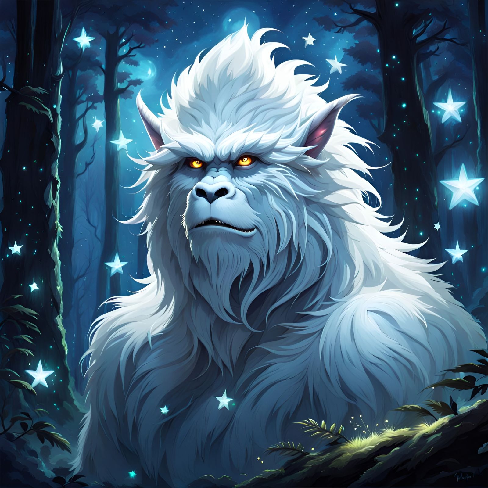 Magical Glowing White Yeti in Forest at Night
