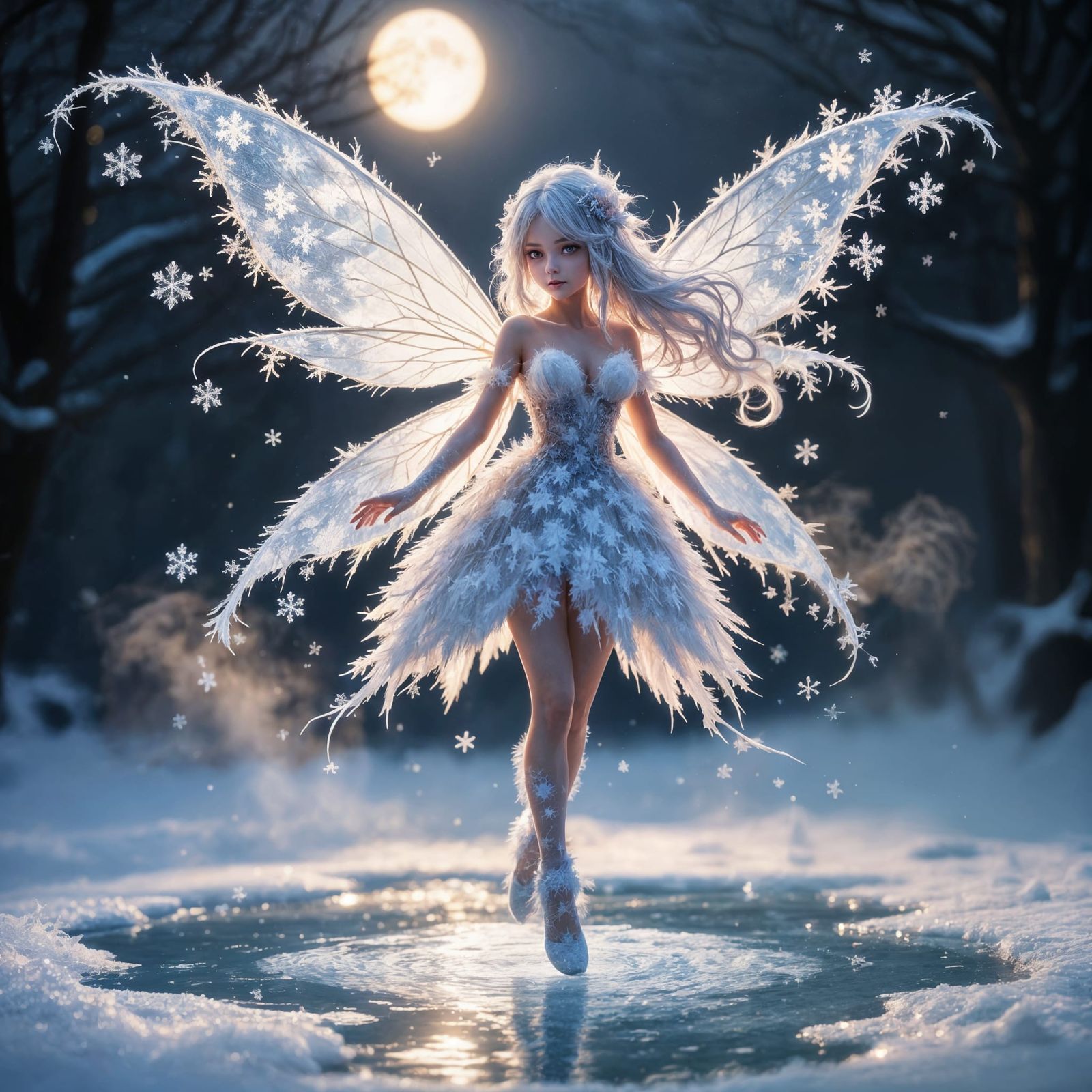Ethereal Snowflake Fairy in Moonlight: 3D Anime Art