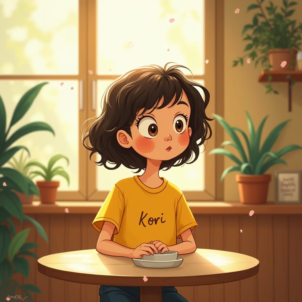 Girl Named Kori in Yellow T-Shirt at Cozy Cafe