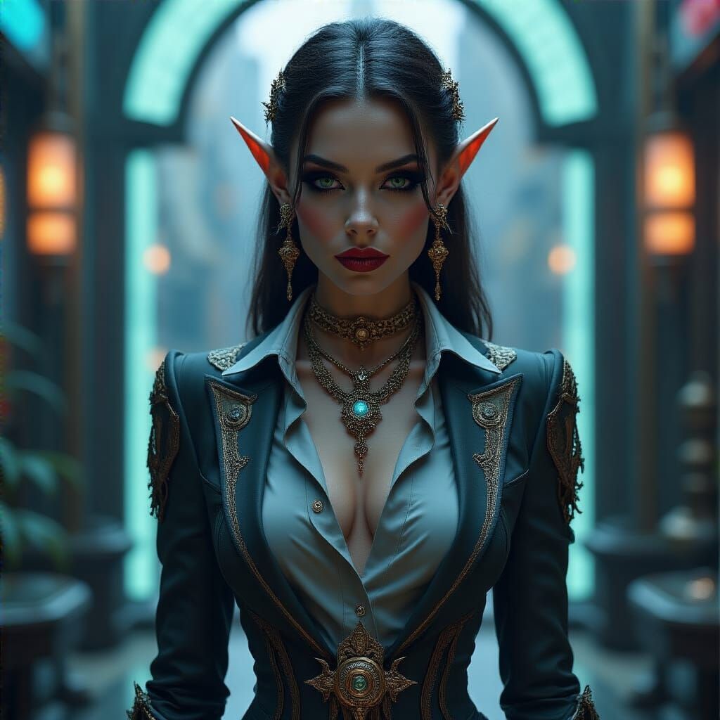 Elegant Elf in Futuristic Cyberpunk Apartment