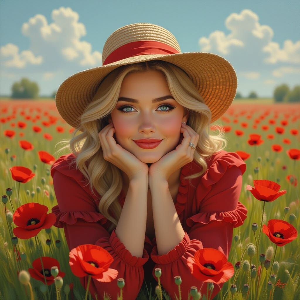 Woman in Red Poppies, Hyperrealistic Oil Painting