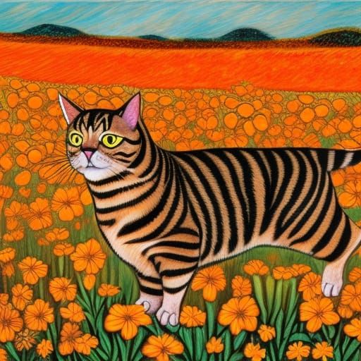 Surreal Tabby Cat Frolicking in Orange Flower Field
