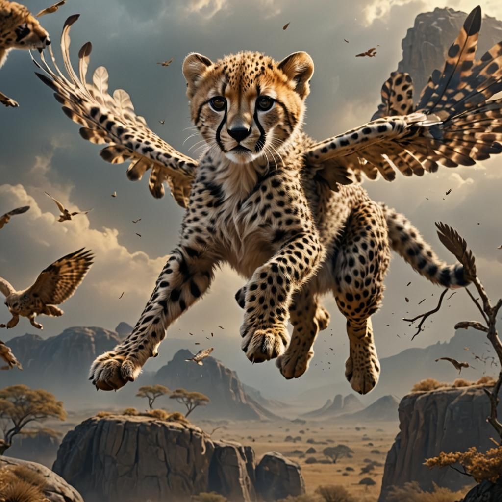 Winged Cheetah Cub in Flight: Digital Matte Painting