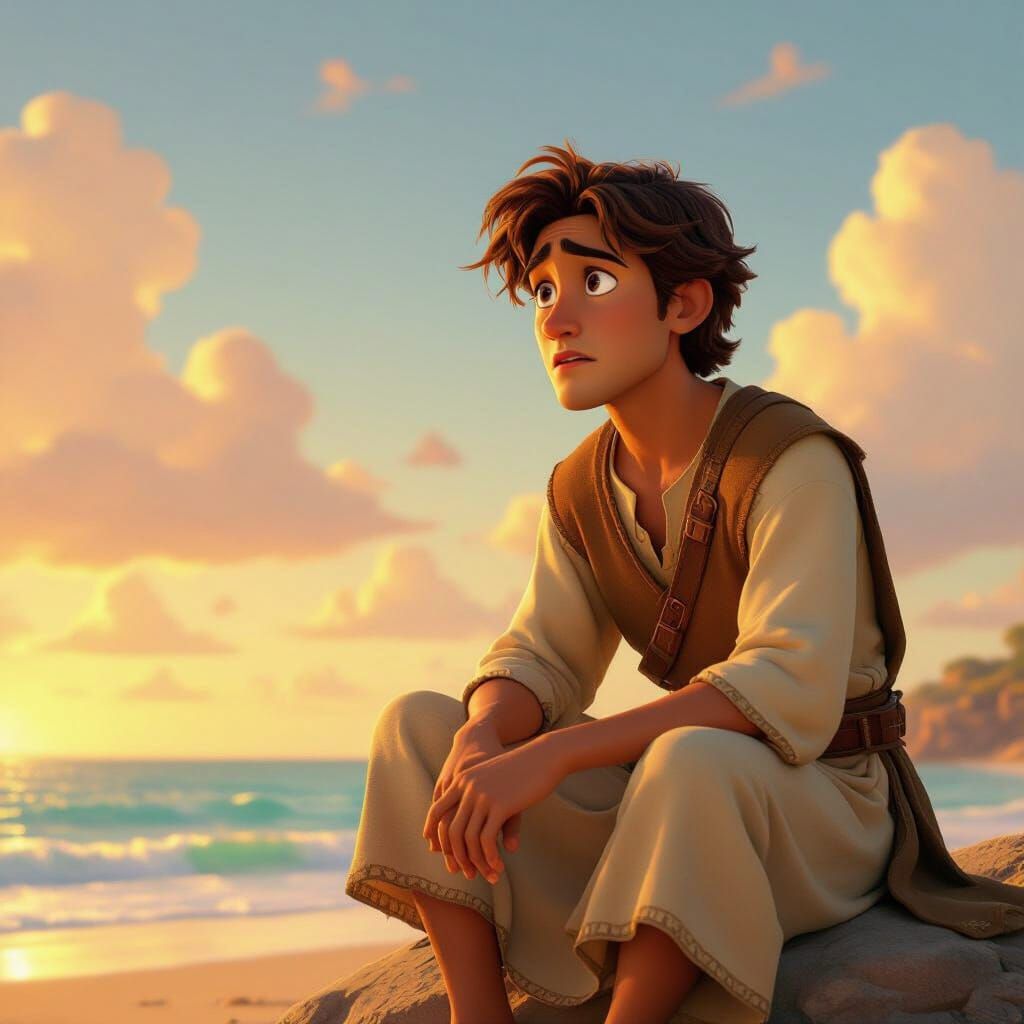 Worried Man at Beach in Pixar 3D Style