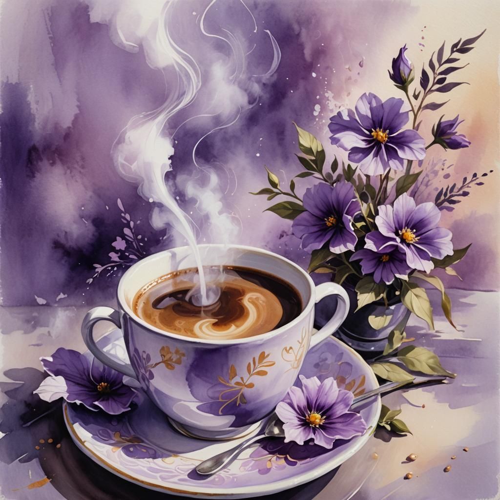 Steaming Coffee Cup with Purple Flower, Gouache Painting