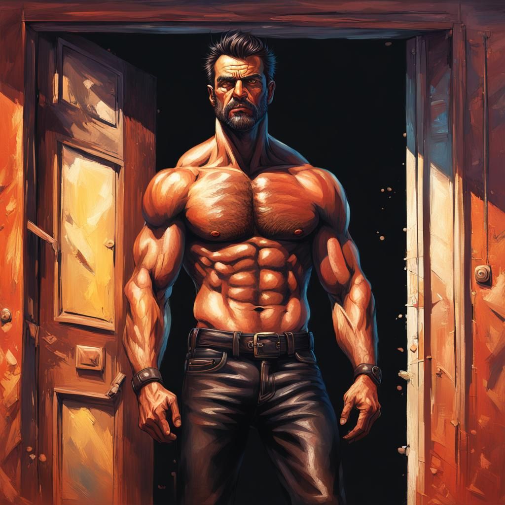 Hyperrealistic Muscular Man in Doorway: Splash Art