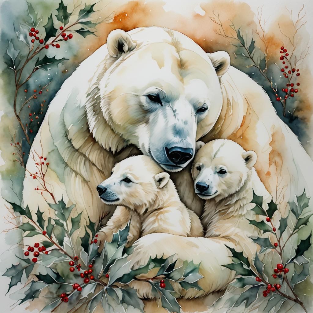 Watercolor Polar Bear Snuggling Cub with Holly Berries