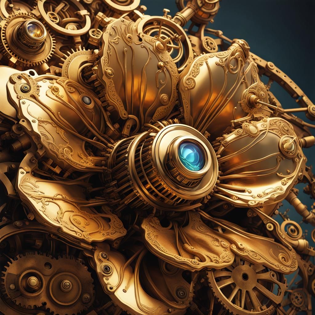 Steampunk Golden Flower: Hyperrealistic Detailed Art