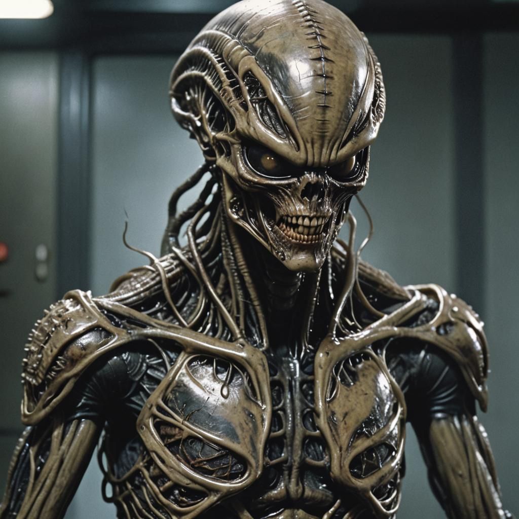 Hyperrealistic Xenomorph Pinhead Fusion: A Cinematic Still