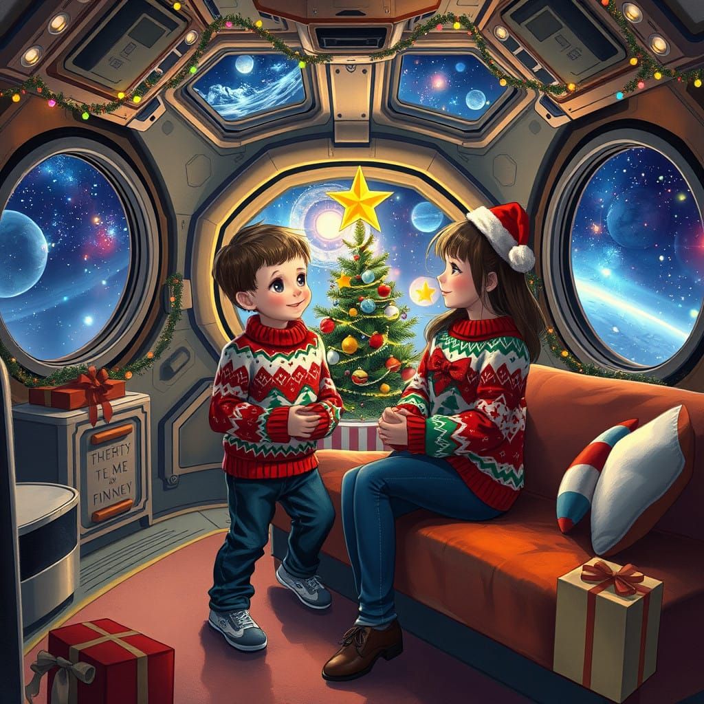 Space Station Christmas Celebration: Joyful Siblings in Fest...