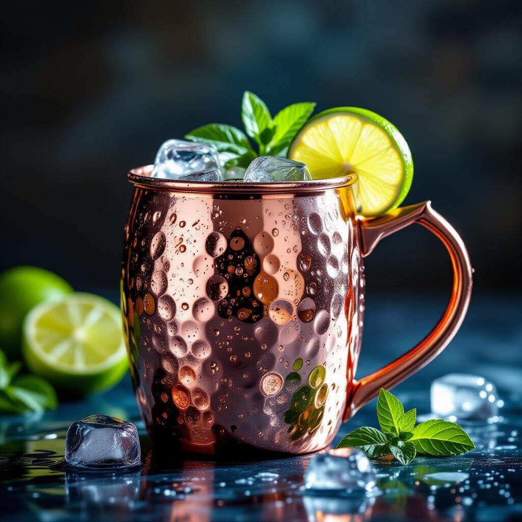 Photorealistic Moscow Mule in Copper Mug with Lime and Mint