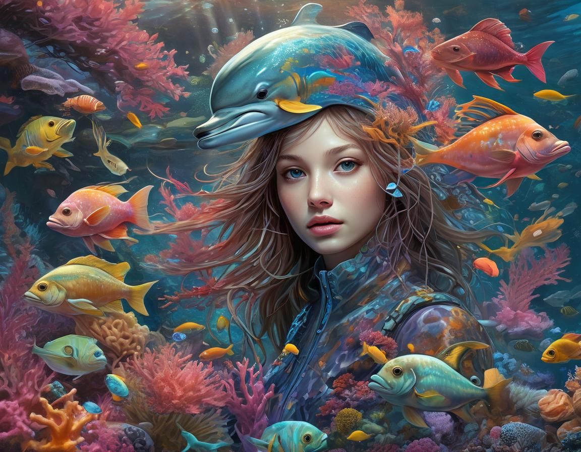 Surreal Underwater Landscape with Dolphin: Concept Art