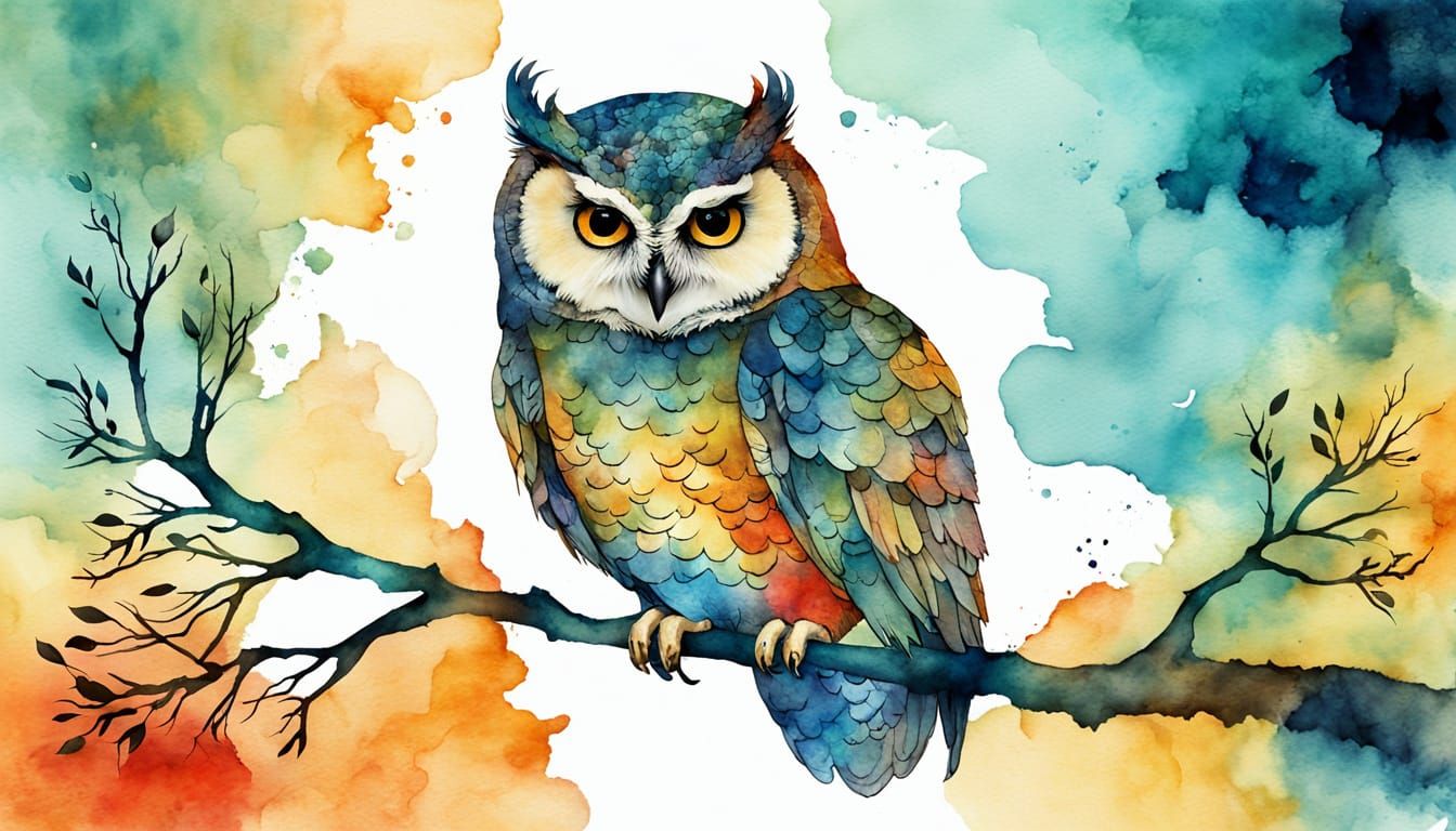 Whimsical Owl on Branch in Watercolor and Ink