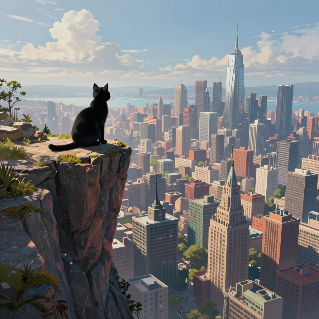 Black Cat Overlooking Epic Cityscape in Digital Matte Painti...