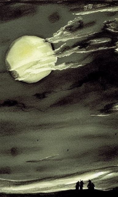 Fiery Moon Over Winter Landscape in Tempera Style