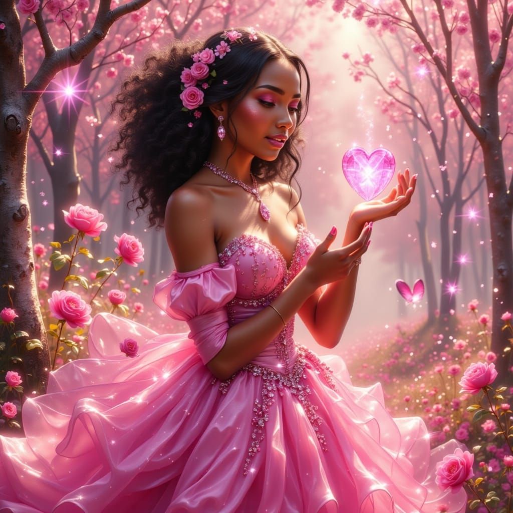 Beautiful Enchantress in Pink Meadow, Hyperrealistic Style