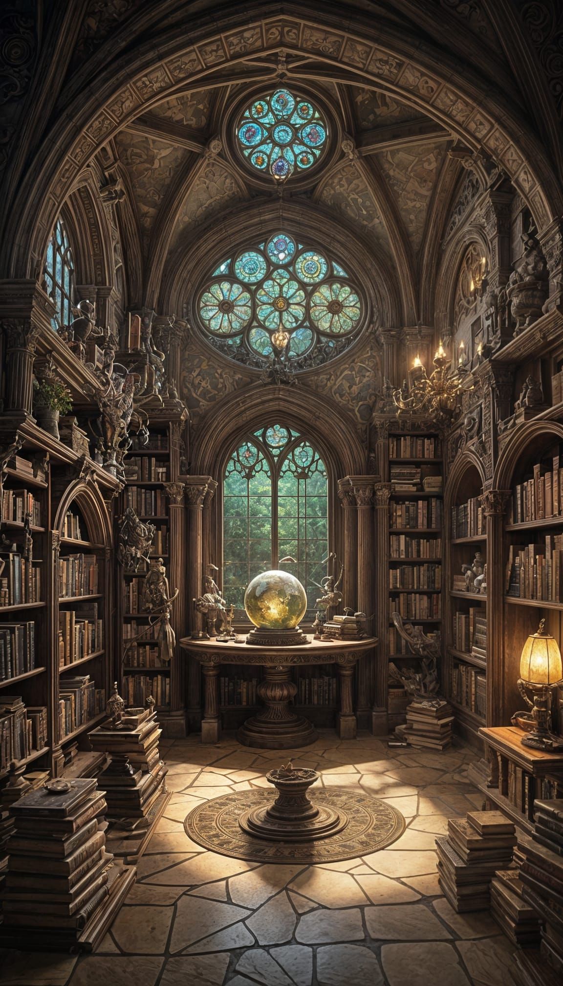 Gothic Wizard's Sanctum in Majestic Stone and Glowing Sphere...