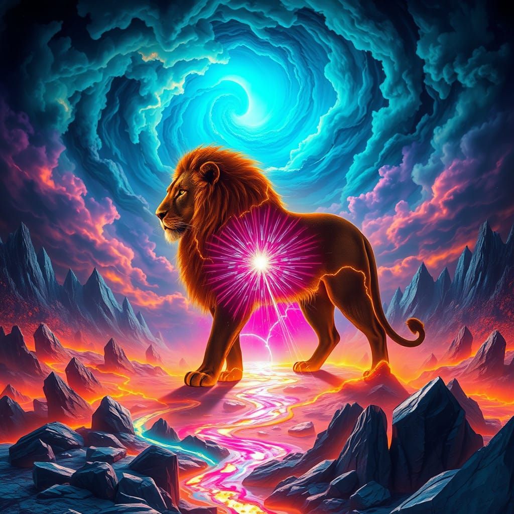 Luminous Lion in Iridescent Vortex with Radiant Core and Neo...