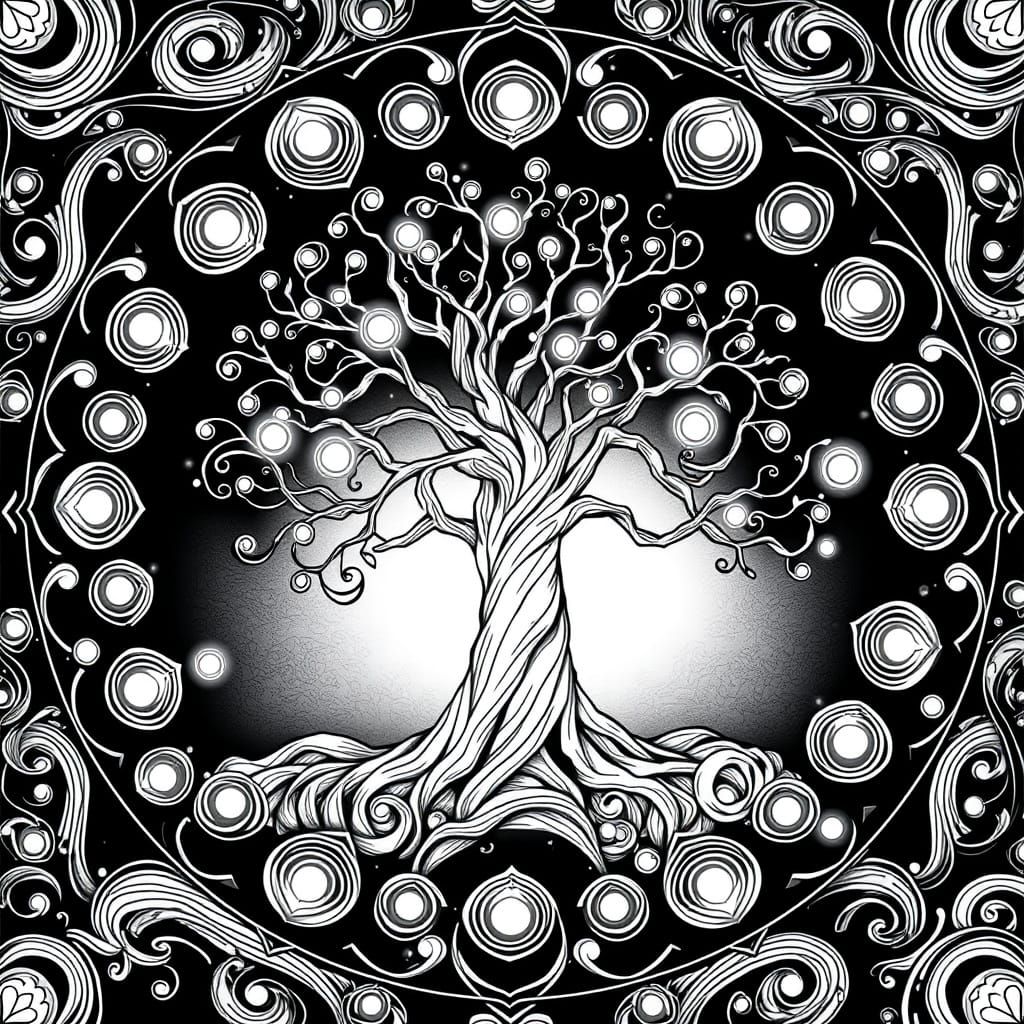 Whimsical Nighttime Mandalas in Black and White Line Art