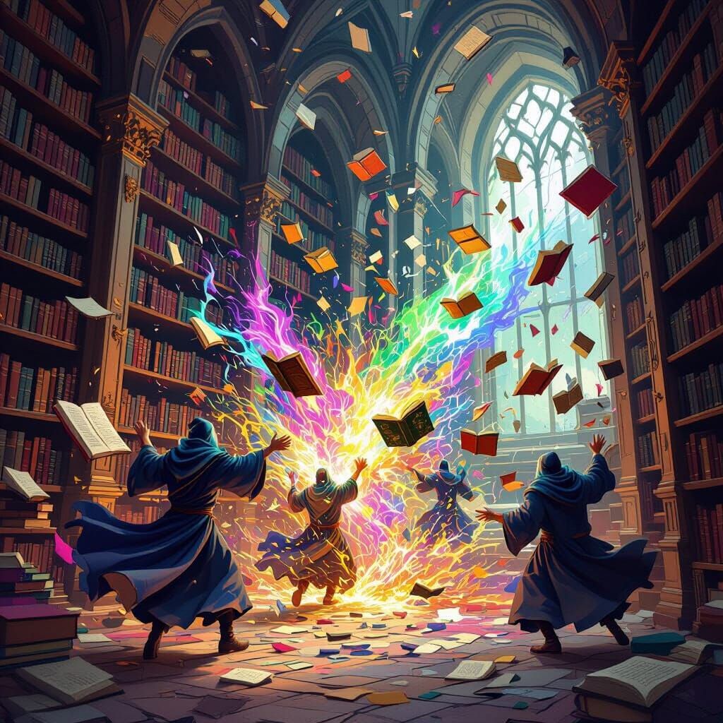 Magical Chaos in Fantasy Library with Flying Books