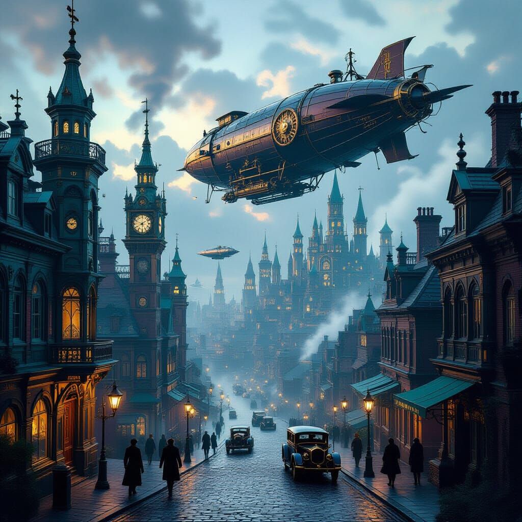 Steampunk Cityscape with Airship in Purple, Teal, and Green