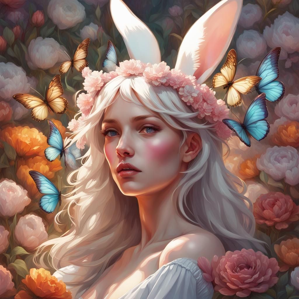 Angelic Bunnies in Floral Fantasy: Art Nouveau Portrait