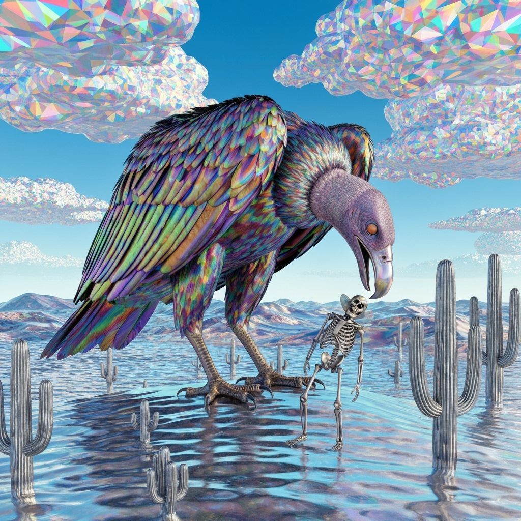 Iridescent Chrome Vulture on Cowboy Skeleton in Desert