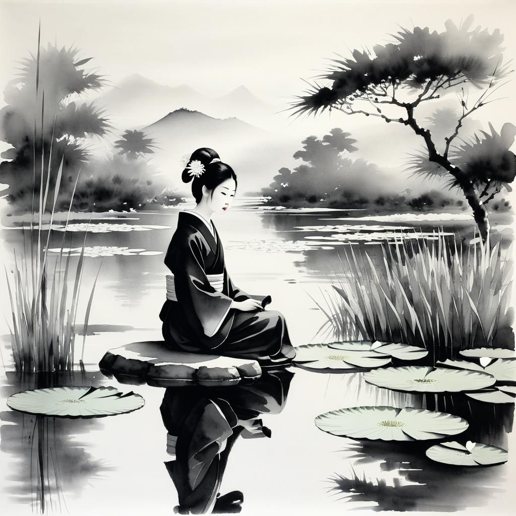 Geisha by Lily Pond in Sumi-e Black Ink