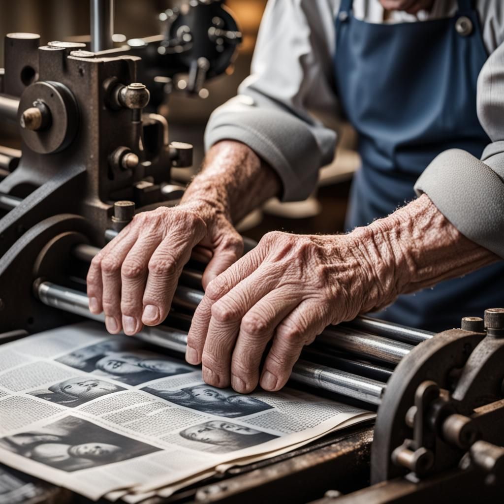 Close-Up: Old Man Printing Newspapers