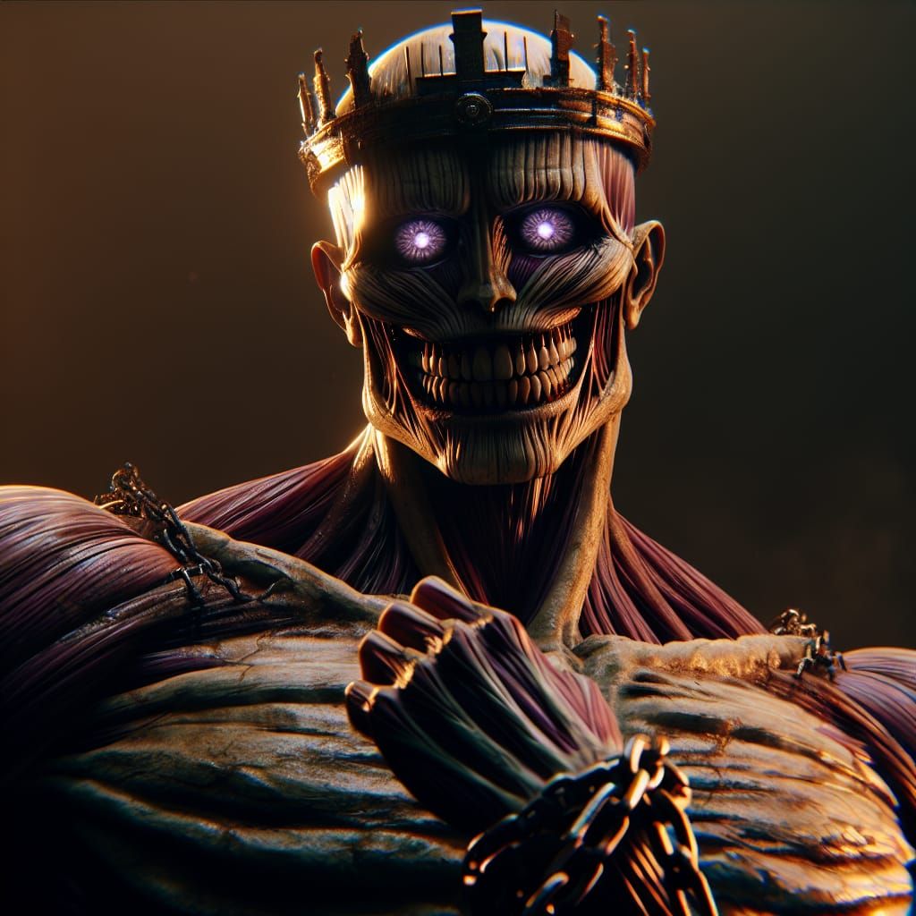 Hyperrealistic Titan with Broken Crown and Blooming Eyes