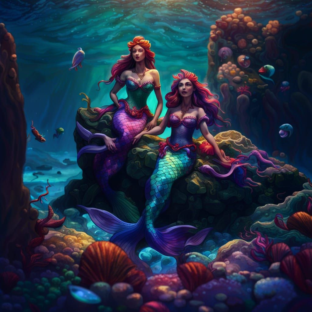 Colorful Mermaids Singing in the Ocean