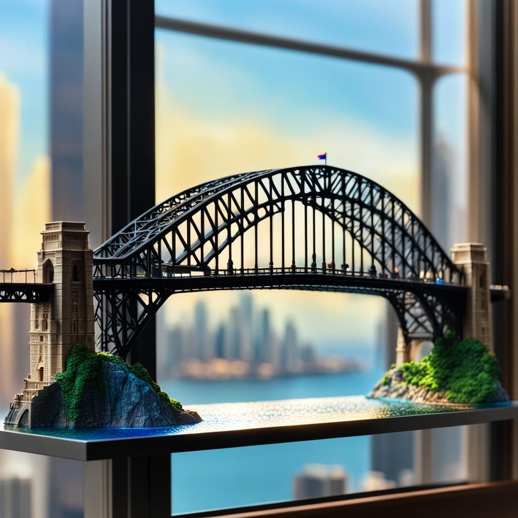 Hyperrealistic Miniature Sydney Harbour Bridge on Shelf