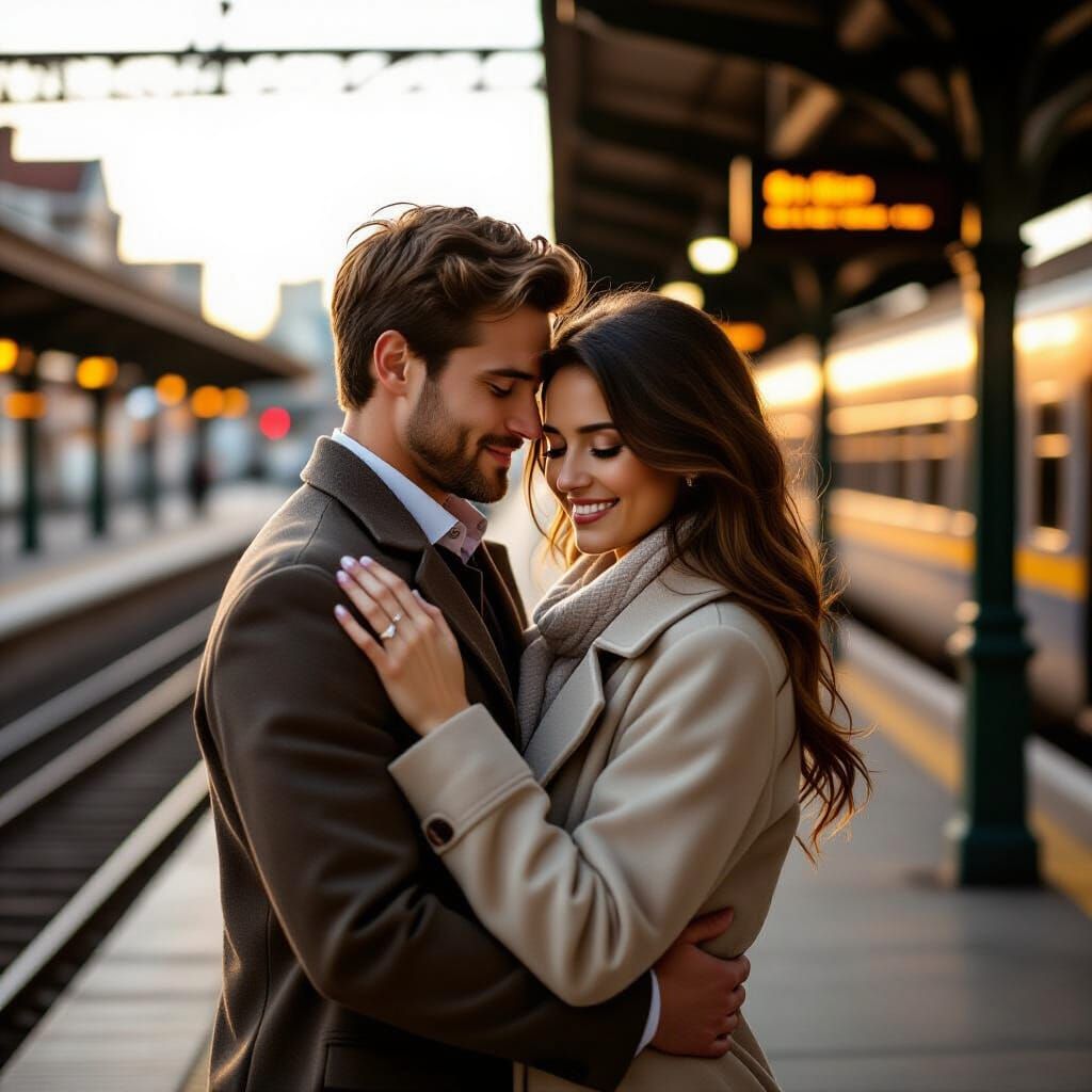 Romantic Embrace at Train Station, Soft Focus Photography