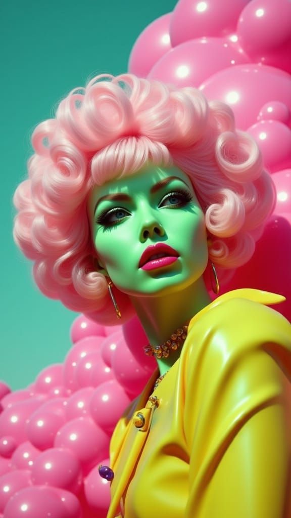 Surreal Retro-Futuristic Dreamscape in Neon Hues and Polka D...