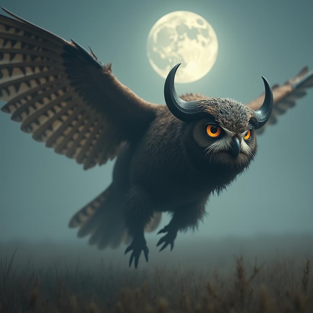 Majestic Owl-Buffalo Hybrid Soaring at Night