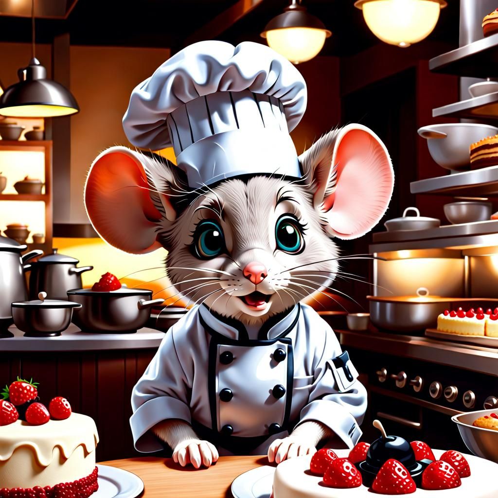 Adorable Chef Mouse Decorating Cake in Restaurant